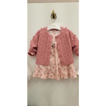 韓國童裝 春新款女童寶粉色碎花田園風連衣裙套裝 洋氣毛衣開衫