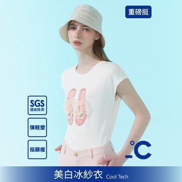 SO NICE【美白冰紗系列】網紗高跟鞋印花重磅修身涼感落肩上衣