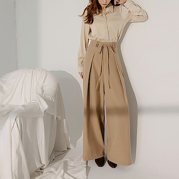 OB嚴選-不易皺雙褲耳綁帶打褶落地寬褲《BA7629-》