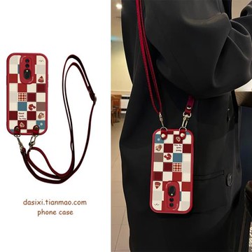 適用OPPOA9手機殼紅色格子斜挎A5全包A11X硅膠K11掛繩k11x女高級k12x皮質k7保護套5A9X新款背帶k12防摔