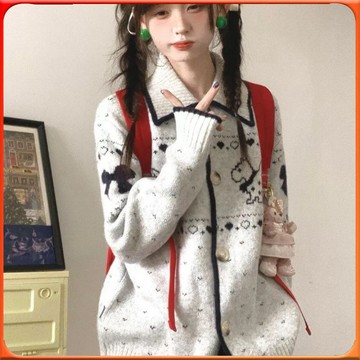 🥇台灣出貨🥇 費爾島毛衣開衫女鞦鼕寬鬆慵懶風撞色小狗提花翻領針織外套 ✨️滿額免運✨️147-12-B
