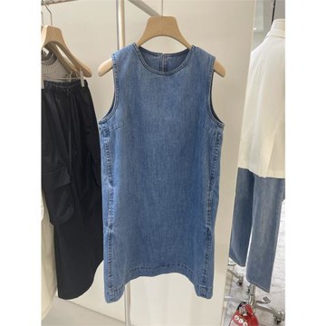 O'Moey 韓國東大門2025新款圓領無袖牛仔連衣裙女時尚復古背心裙