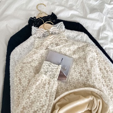 復古鏤空半高領加絨T恤女秋冬新款蕾絲洋氣內搭加厚打底衫