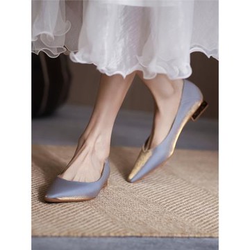 法式綢緞氣質低跟單鞋女2025年新款秀氣小方頭女士踩跟女鞋伴娘鞋
