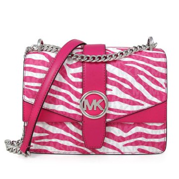 MICHAEL KORS Greenwich 銀字大圓標Logo防刮波紋銀鏈翻蓋斜背包(紅龍果色)