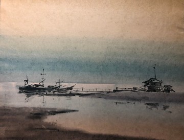 寧靜的海景，碼頭附近的船，紙上水彩畫，牆壁藝術，家居裝飾