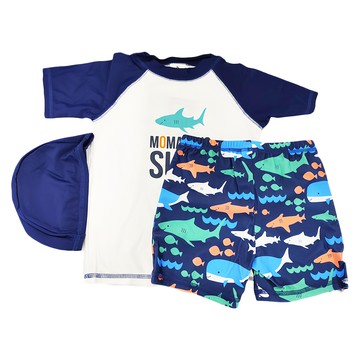 momasong 男童分體短袖泳衣 字母鯊魚圖案 上衣+泳褲+泳帽  深藍  8