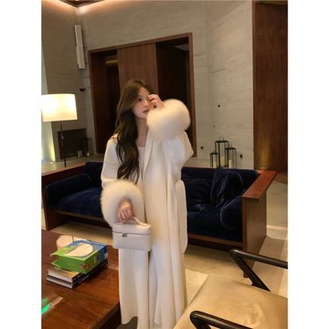 氣場之王~~羊絨大衣女2024秋冬新款狐貍毛雙面中長款連帽毛呢外套