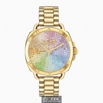 COACH手錶，編號CH00199，34mm金色圓形精鋼錶殼，彩虹中三針顯示， 滿天星錶面，金色精鋼錶帶款_廠商直送