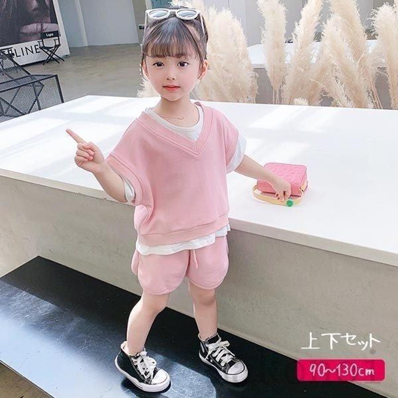 セットアップ 女の子 キッズ 夏服 半袖 重ね着風 トップス ショート