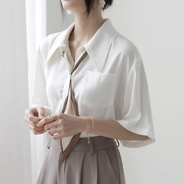 S-XL 雪紡白色短袖襯衫女 職業裝 上班族 OL 通勤穿搭 白色襯衫 白色上衣女 短袖襯衫 夏天襯衫 短版上衣女