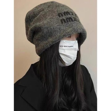 慵懶風灰色百搭堆堆帽女秋冬季羊毛加厚保暖護耳包頭帽套頭月子帽