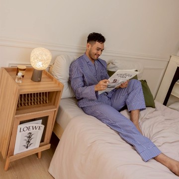 Rising Boutique 親膚柔軟感條紋長袖套裝-午夜藍條紋 (男） - M/前胸刺繡/草寫