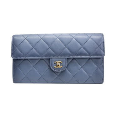 CHANEL 香奈兒 藍色 菱格紋 羊皮 金扣 扣式長夾 【二手名牌BRAND OFF】