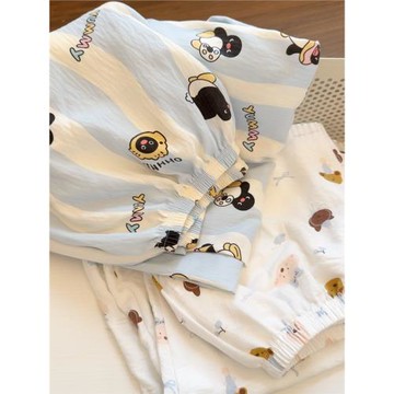 ins風條紋企鵝睡褲女春夏薄棉可外穿卡通印花休閑寬松慵懶風褲子