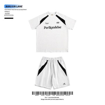 NANJUN 美式運動風字母拼色短袖套裝男女夏季寬松休閑短褲兩件套