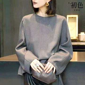 初色 法式純色簡約圓領長袖寬鬆T恤休閒獨特襯衫上衣女上衣-灰色-16486(M-2XL可選)