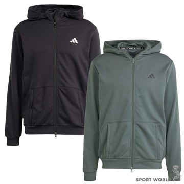 Adidas 男裝 連帽外套 排汗 拉鍊口袋 棉 黑/灰綠【運動世界】IT4308/IT4309