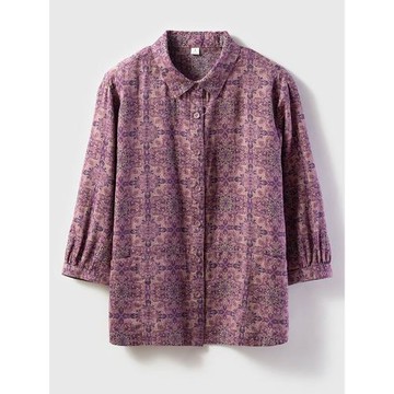 民族風復古襯衫媽媽中老年女裝洋氣印花純棉七分袖上衣半袖全棉夏