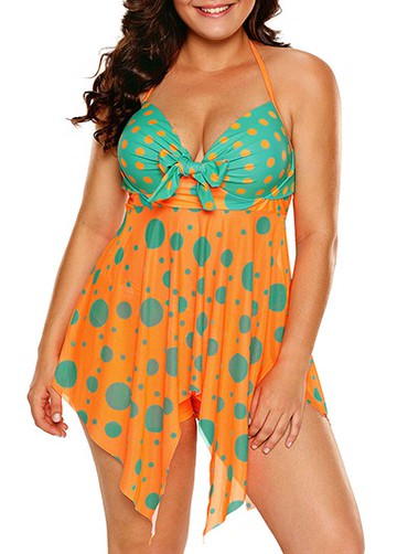 Dot Print Plus Size Asymmetric Hem Swimdress and Shorts