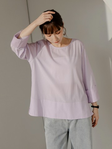 純棉細條紋袖口開衩長袖上衣