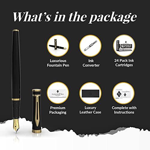 Wordsworth  Black Fountain Pen Set, 18K Glided Broad Nib, Includes 24 Pack Ink Cartridges, Ink Refill Converter  Gift Box, Gold Finish, Call