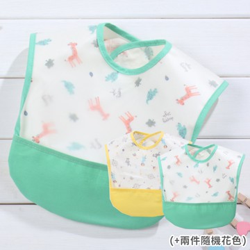 JoyNa - 寶寶防水開口接飯飯兜-3件入-綠色小鹿+2件隨機花色