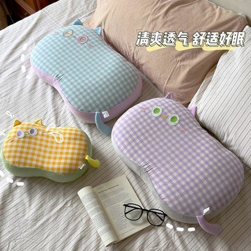✨臺灣出貨✨夏季涼蓆牀上貓肚枕格子全棉布記憶棉枕頭學生宿舍單人睡眠女頸椎