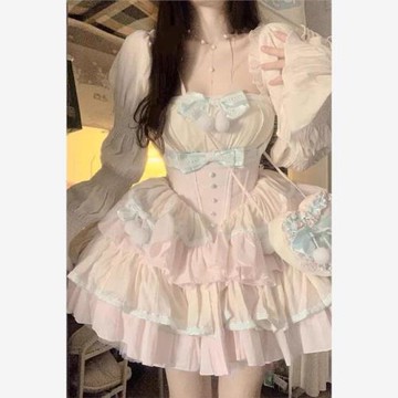 甜美初戀洋裝奶甜Lolita公主裙小個子蓬蓬收腰超仙女束腰連衣裙女