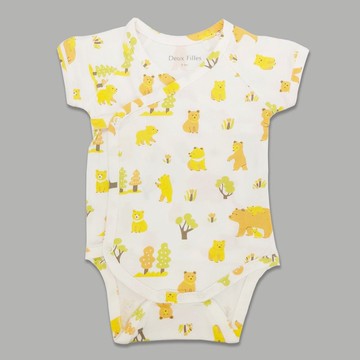 【Deux Filles有機棉】嬰兒短袖側開襟包屁衣/新生兒連身衣-熊熊