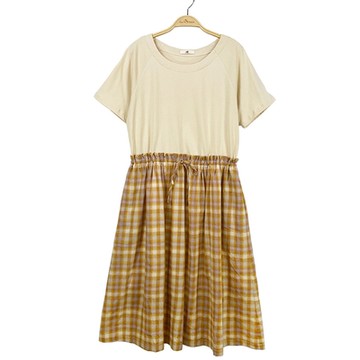 Hana-Mokuba花木馬日系女裝針梭織拼接格紋洋裝_米黃/中藍