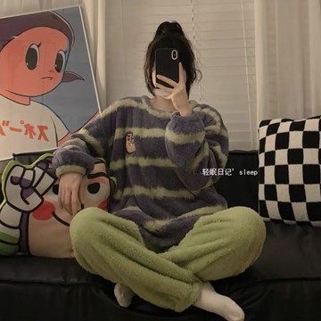 法蘭絨秋冬季加厚珊瑚絨睡衣女韓版甜美女士睡衣寬鬆可外穿家居服 珊瑚絨睡衣 居家服 冬季睡衣 冬天居家服 卡通睡衣 兩件套