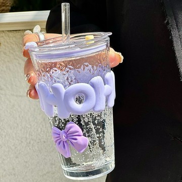 臺灣/✨水杯韓式蝴蝶結玻璃杯子ins高顏值喝水杯女生大容量辦公室果汁吸管杯