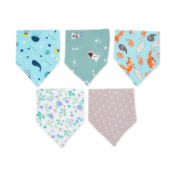 JoyNa - 5條入 嬰兒三角巾 純棉雙層按扣防水圍兜-狐狸鯨魚 (均碼)