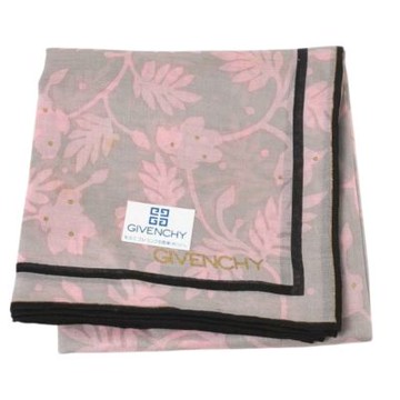 GIVENCHY 灰底粉花鑲黑邊圖騰字母LOGO帕領巾(灰底/46CM)