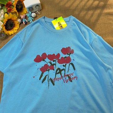 UEKO夏季潮牌歐美簡約玫瑰花印花短袖T恤男女學院風休閑情侶上衣