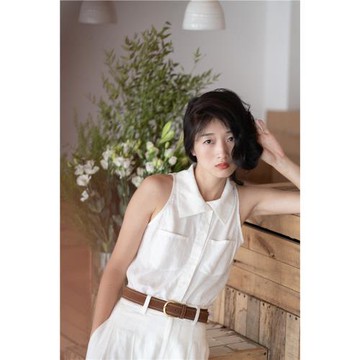 【丁東馬】自制/穿衣哲學less is more/亞麻削肩翻直角肩無袖襯衫