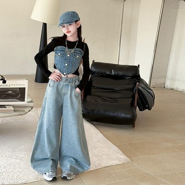 「中大女童親子裝」牛仔撞色拼接帥氣套裝