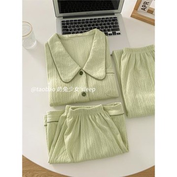 夏日小清新牛油果綠提花睡衣女2025年夏季帶胸墊短袖家居服三件套