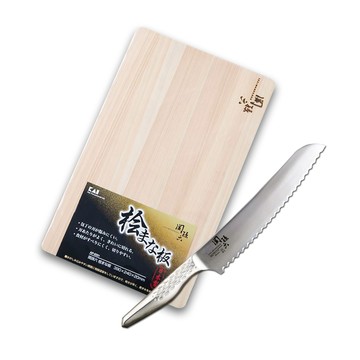 KAI 【日本】日本製-匠創名刀關孫六 一體成型不鏽鋼刀-廚房麵包刀21cm+檜木砧板