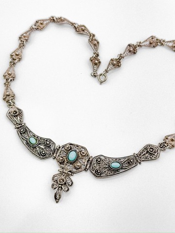 不朽古董珠寶系列——伊特魯裡亞復興・綠松石掐絲純銀項鍊