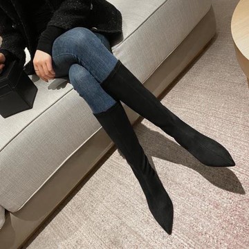 小碼不過膝中筒女靴小個子150高跟細跟尖頭長筒靴矮個313233長靴