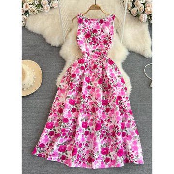 溫柔風淑女背心裙夏季韓版無袖圓領收腰顯瘦中長款a字碎花連衣裙