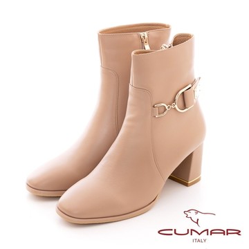 【CUMAR】金屬扣環裝飾防水台粗跟短靴-杏色