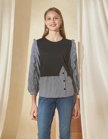 ★【喜芝梅】格紋詩意 創意拼接假兩件長袖上衣(黑色；M-2L) 224470765