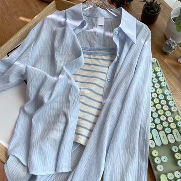 藍色防曬襯衫女夏季薄款開衫外套襯衣小眾設計后開叉寬松長袖上衣