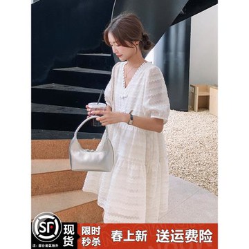 小香風白色v領蕾絲紗裙連衣裙女夏2025新款氣質高級感寬松娃娃裙