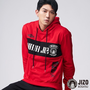 地藏小王 BLUE WAY – 剪接黑元素LOGO連帽長TEE(紅)