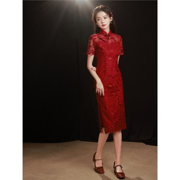 紅色旗袍女2026新款夏小個子新娘訂婚敬酒服新中式禮服裙結婚便裝