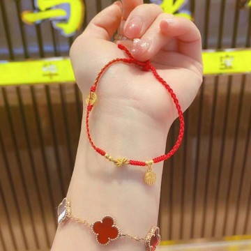 黃金腳鏈足金999腳飾福字牌本命年3D硬金銅錢金珠紅繩編織腳鏈女